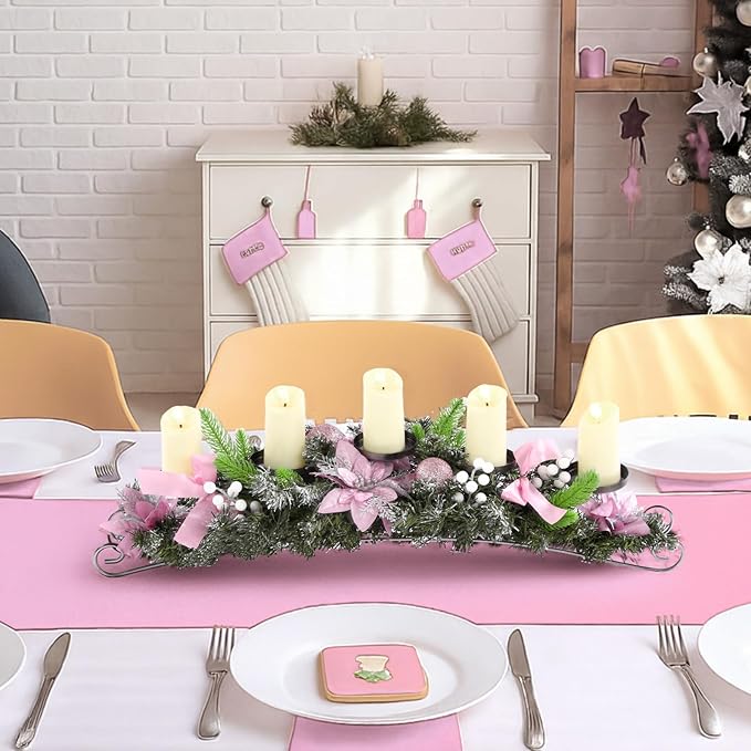 Yungyan Christmas Tabletop Centerpiece 30 Inch, Includes 5 Battery Operated LED Candle Holders, Pink Poinsettia Flowers, Pink Bow, Pine Cones and Base, Christmas Artificial Dinner Table Decorations
