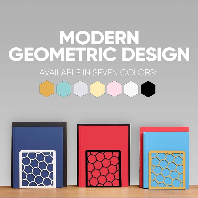 GEOMOD Geometric Honeycomb White Metal Bookends Decorative - Tall Sturdy Book Ends for Shelves - Modern Heavy Duty Bookend Stopper - Office or Home Book Shelf Book Holder - 6x3.25x6.25 Inches - 1 Pair