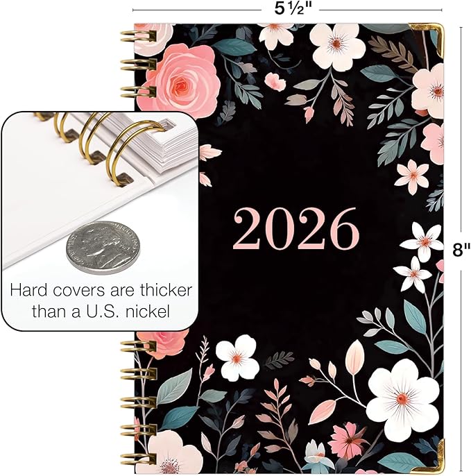 HARDCOVER 2026 Planner, 5.5"x8": 14 Months (November 2025 - December 2026), Daily Weekly Monthly Planner, Yearly Agenda, Bookmark, Pocket Folder and Sticky Note Set (Black Floral Pink)