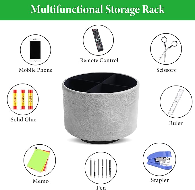 Hennaja Round Leather Art Supply Organizer,Remote Control Holder,360 Degree Spinning,Multi-Functional Pencil Holder,4 Compartments Desktop Stationary Organizer(1-Crazy Blue)