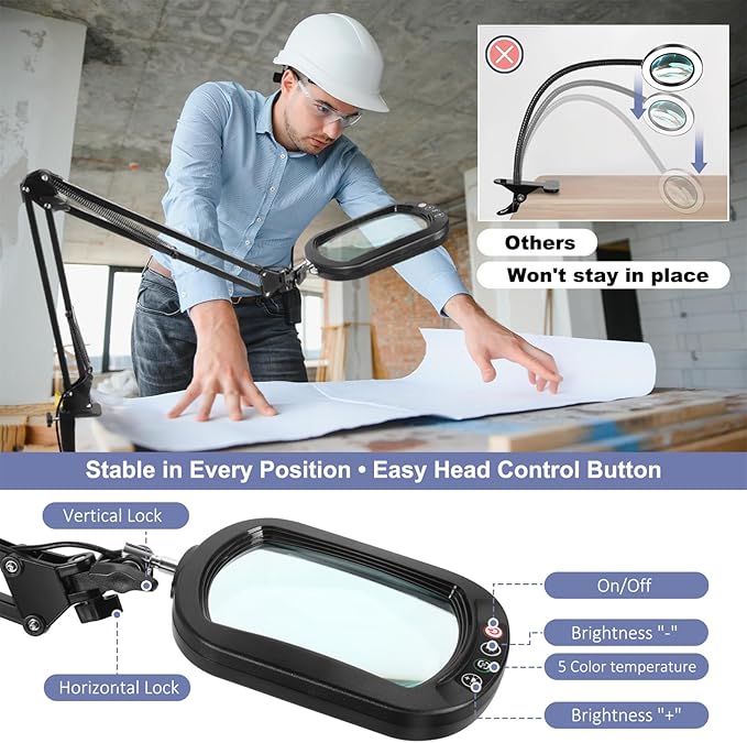 10X Rectangle Magnifying Glass with Light and Clamp, 5 Color Modes Stepless Dimmable, Lighted Magnifier with Stand Hands Free, Flexible Swing Arm LED Desk Lamp for Close Work, Craft, Reading, Painting