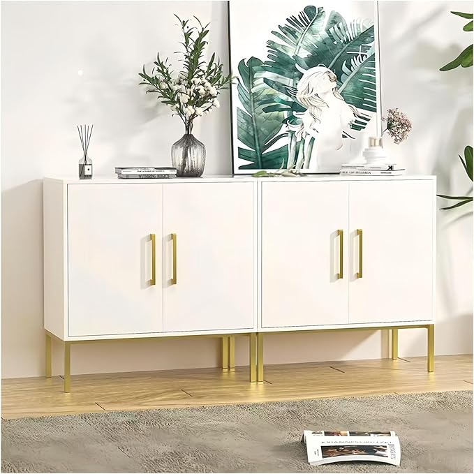LYNSOM Storage Cabinet with Doors, Set of 2, Modern Buffet Cabinet with Storage, Kitchen Sideboard Buffet, White Wood Accent Cabinet for Living Room, Bedroom, Hallway, Entryway, Office, White