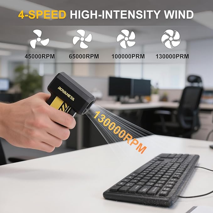 Electric Compressed Air Duster Cordless: 130000RPM Air Blower with LED, 4-Gear Adjustable Mini Blower, Aluminum Alloy Body with 1/4 Nut, Electric Duster for Keyboard Car, Ideal for Home Office Gamers