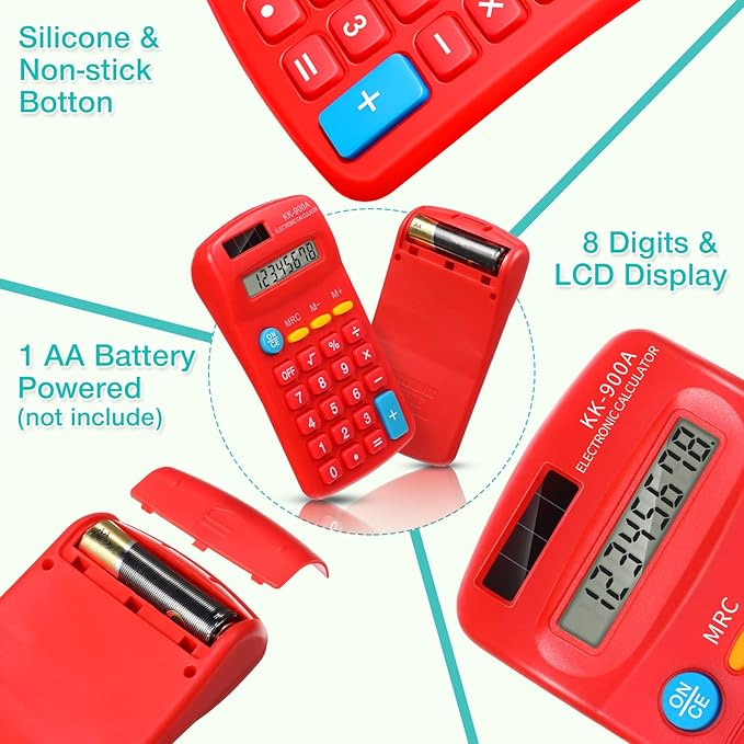 30 Pack Pocket Calculator Small Battery Powered Bulk Mini Size 4 Function Hand Held Basic Calculator for Students Kids School Home Office(Green, Red, Blue)