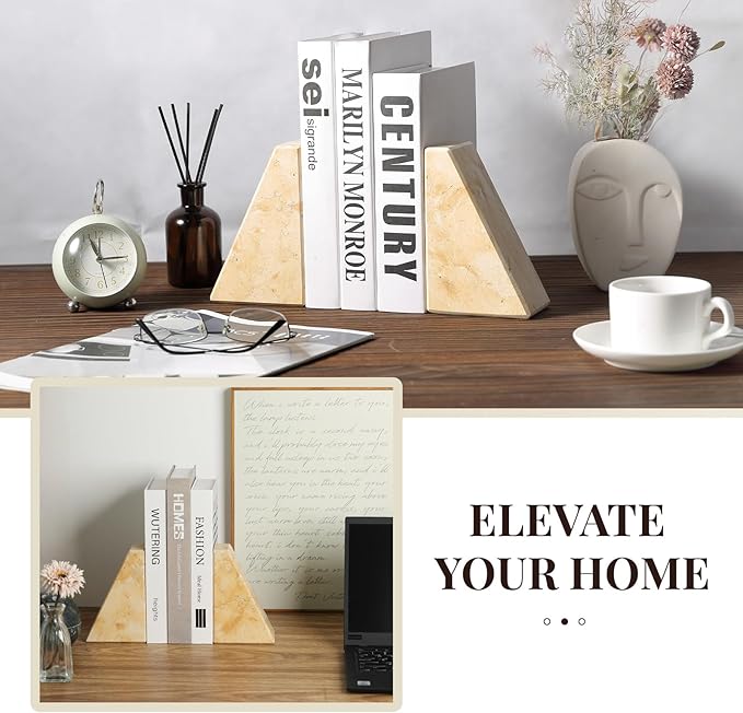 Koville Marble Bookends for Shelves, Large Bookends for Heavy Books, Non-Slip Heavy Duty Book Stopper for CD/Movies, Aesthetic Decorative Bookends for Shelves Table Home Decor(Gold)