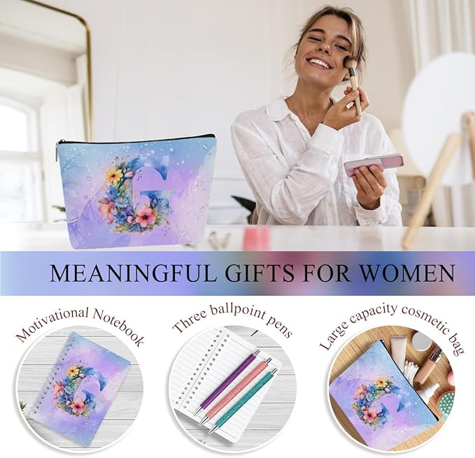 Personalized Gifts Monogrammed Birthday Gifts for Women, Her Employee Housewarming Christmas Initial 20 oz Tumbler, Makeup Bag Cup Ballpoint Pens Journal Notebook 6 Set, (Aesthetic Purple Flower G)