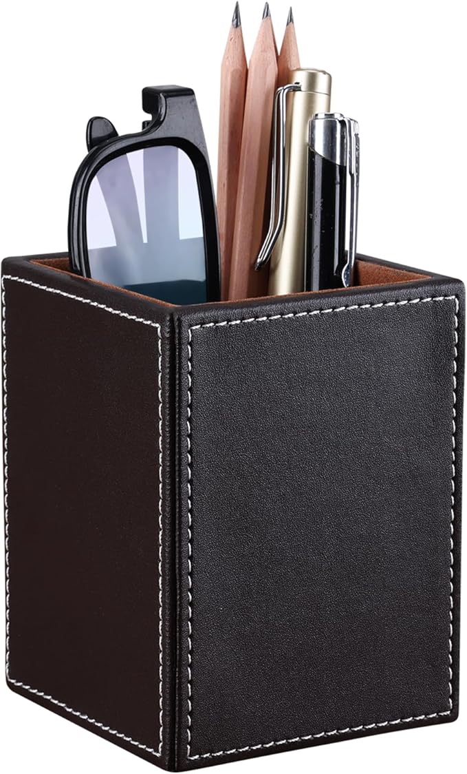 KINGFOM PU Leather Square Pens Pencils Holder Cup Desktop Stationery Organizer Case Office Accessories Container Box Brown
