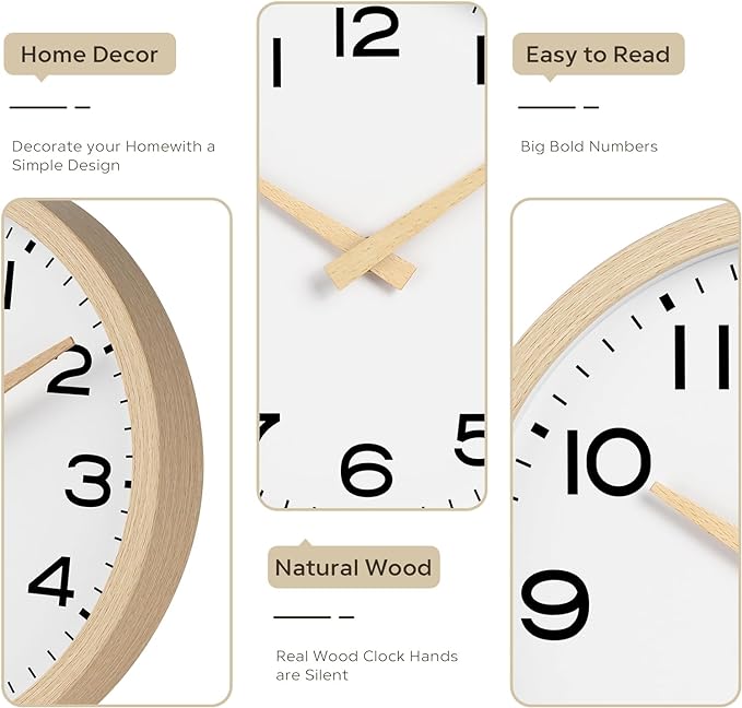 AKCISOT Wall Clock 12 Inch,Boho Office Wall Clocks Battery Operated Non Ticking,Silent Modern Clock Decorative for Kitchen,Bedroom,Living Room,Classroom(Wood Grain)