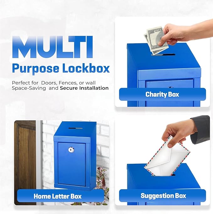 Metal Donation Box-Suggestion Box with Slot and lock-Cash Lock box for Money-Waterproof Drop Box-Comment and ballot voting box-comes with pre-drilled holes for easy wall mounting 10 X 6 X 2.5"(Blue)