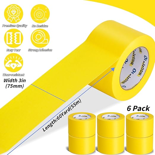 6 Rolls Yellow Painters Tape Bulk 3 inch x 60 Yards, Total 360 Yd, Painters Masking Tape No Residue Wall Painting Tape Artist Tape Trim Edge Finishing Tape for Wall Painting Decoration DIY Supplies