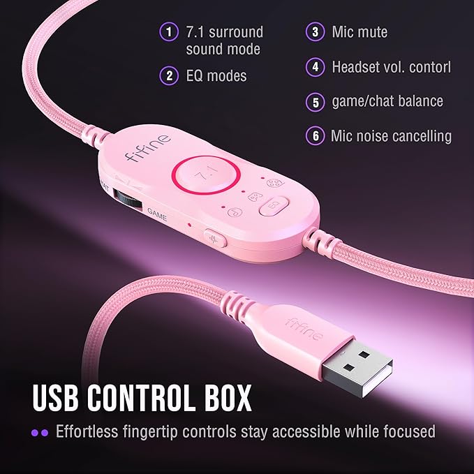 FIFINE Wired RGB Gaming Headset, PC Over-Ear Streaming Headset with USB, 7.1 Surround Sound, Noise-Cancelling Mic, Soft Ear Pads, 4 EQ Modes for PC, Laptop, Mac, PS4, PS5 - AmpliGame H13P (Pink)