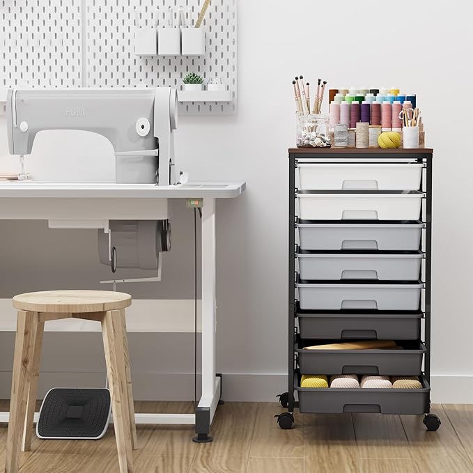 Rolling Storage Cart with 8 Drawers, Utility Cart on Wheels with Wooden Tabletop, Utility Cart for Teacher Storage, Office Organizer, Classroom Storage Cart, Craft Storage, Grey