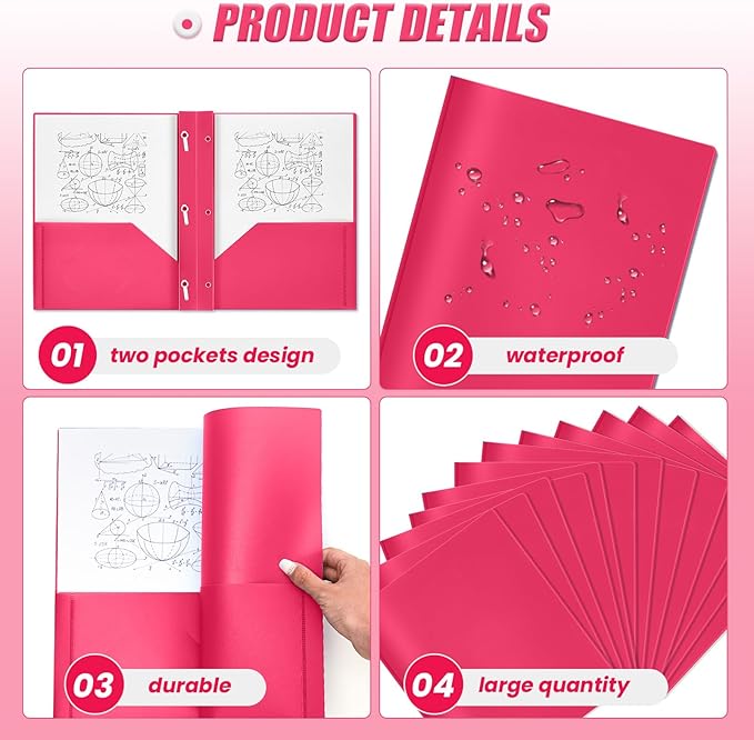 Yeaqee 30 Plastic Folders with Pockets and Prong Plastic Folders with 2 Pockets Pocket for Office, School for Students, Teachers, Office Workers (Rose Pink)