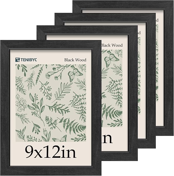 9x12 Frame Set of 4, Textured Black Wood, 9 x 12 Picture Frame with HD Tempered Glass, Table or Wall Display