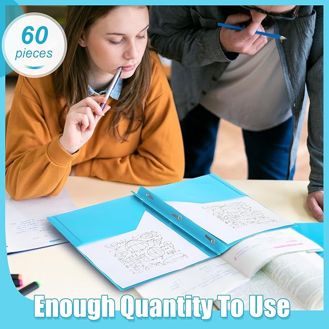 Yeaqee 60 Pcs Plastic Folders with Pockets and Prong Plastic Folders with 2 Pockets Pocket for Office, School for Students, Teachers, Office Workers (Light Blue)