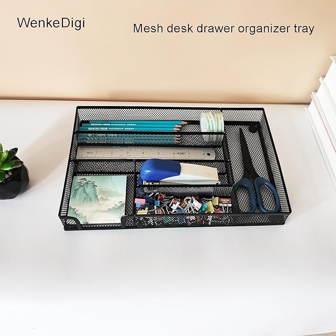 Desk Drawer Organizer Tray, 6 Departments Metal Mesh Desktop Organization for Pens, Office Supplies Organizer for Desktop Drawers, 12.6 x 8.27 x 1.57 Inches, Black