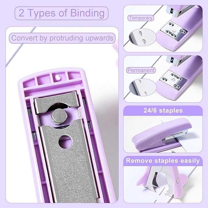 Desk Accessories with Pen Holder, Office Supplies Desk Organizers and Accessories, Tape Dispenser, Stapler, Staple Remover, Staples, Clips Set, Ruler, Scissor, Pen, Tape (Purple)