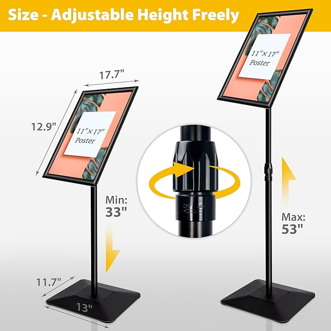 3 Packs Heavy Duty Pedestal Poster Sign Stand, 11"x17" Adjustable Floor Standing Sign Holder with 6.6Lbs Solid Steel Base for Vertical and Horizontal View Sign Displayed Stands, Black