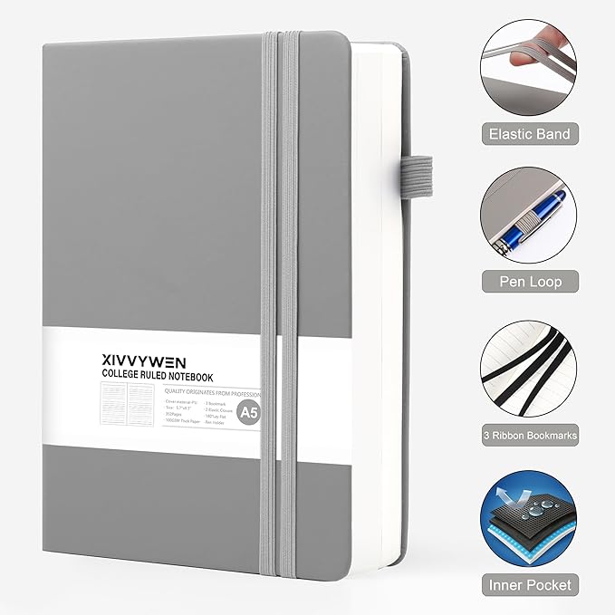 Lined Journal Notebook for Women Men, 352 Pages A5(5.7" x 8.3")College Ruled Hardcover Leather Journals for Writing, Daily Journal Notebooks for Work, Note Taking, Travel, School, Business (Gray)