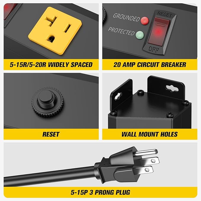HHSOET 16 Outlet Long Power Strip, 15FT Heavy Duty Power Strip with 4800J Surge Protection, 20a Mountable Wide-Spaced Outlets for Home, Office, Garage & Workshop - ETL Certified