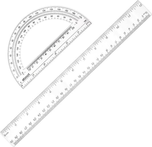 Zonon 2 Pack 12'' Plastic Ruler and 6'' Plastic Protractor Set Clear Ruler Protractor Set Math Geometry Supplies for School Classroom Home Office Drawing(Clear)