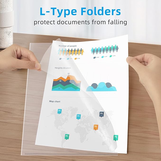 100 Pcs L-Type Plastic Folders for Documents, Clear File Folders Letter Size A4 Paper, Ideal for Home, Office Supplies, College Essentials