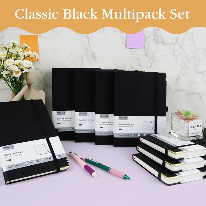 A5 Black Lined Journal Notebook - 100 GSM Thick Paper, 8 Pack Hardcover Journaling Notebooks for Writing, Work, Travel, College Ruled Journals for Women & Men, PU Leather Note Books, 5.5”x8.3”