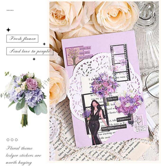 MAFELOE 30 Pieces PET Scrapbook Stickers of Bouquets Theme, Aesthetic Deco Supplies for Junk Bullet Journaling Card Making Daily Planner-Purple (D-Y4-AYSQ)