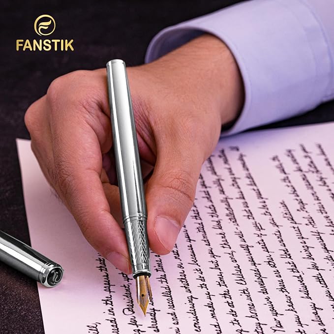 Customized Silver Luxury fountain pen (Made In USA) fancy gift set for women, Chrome Finish, Professional executive pen gift set for men (Lux Custom-fountain Silver)