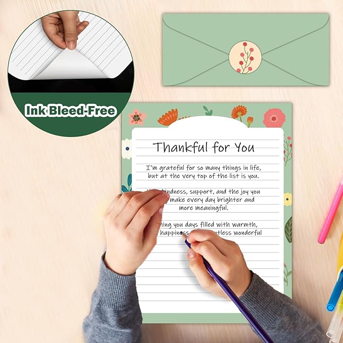 250Pcs Cute Stationery Paper and Envelope Set with 100 Letterhead Papers and 50 Envelopes,10 Design for Letter Writing Invitations Computer Holidays Party Notes, 8.5x11 Inch- Lined Flower