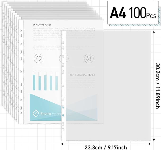 Clear Sheet Protectors 11.89 x 9.17in,100 A4 Punched Pocket,Heavy Duty Binder Sleeves 11-Hole Plastic Page Protectors Sheet Top Loaded for 2/3/4 Ring Binder Fits Standard A4 Paper for Home,Office