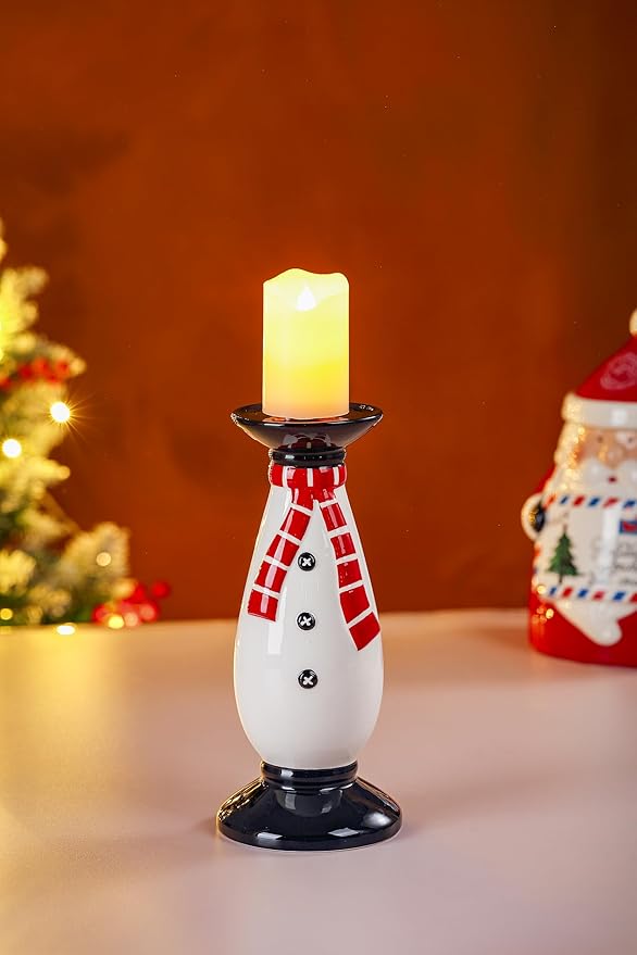Set of 2 Christmas Hand-Painted Ceramic Large Candle Holders for Pillar Candles (Snowman)