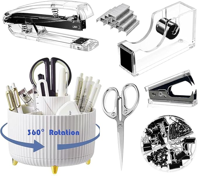 Desk Organizers and Accessories Set with 360-Degree Rotating Pen Holder, Acrylic Stapler, Tape Holder, Staple Remover, Binder/Paper Clips Kit, Scissor and 1 Box of Staples