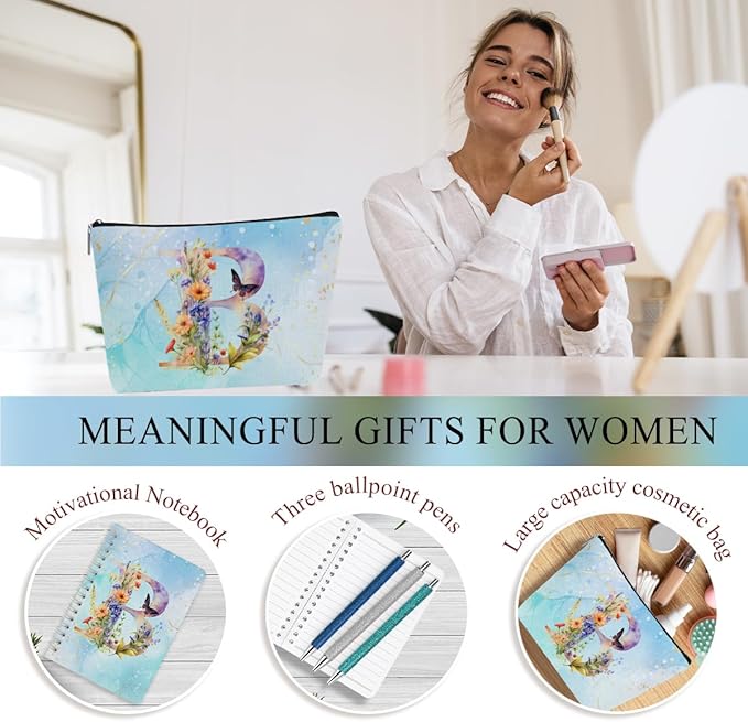 Personalized Gifts Monogrammed Birthday Gifts for Women, Cowerker Mom Mothers Day Christmas Initial 20 oz Tumbler, Makeup Bag Cup Ballpoint Pens Journal Notebook 6 Set, (Aesthetic Blue Flower B)