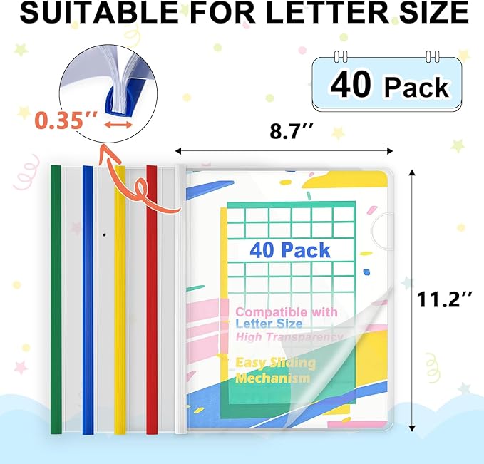 TOTiyea 40 Pack Clear Report Covers with Sliding Bars, 9mm (70 Sheet Capacity) Colorful Sliding Bar File Folders, for Letter Size