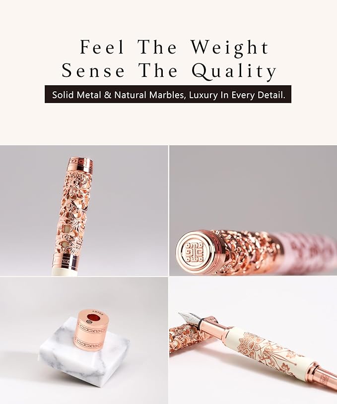 Luxury Fountain Pen Set With Stand - Museum Art Collections - Crafting Timeless Beauty - the Best Gift & Office Desk Decor, German SCHMIDT Fine Nib, Solid Metal & Marble Texture