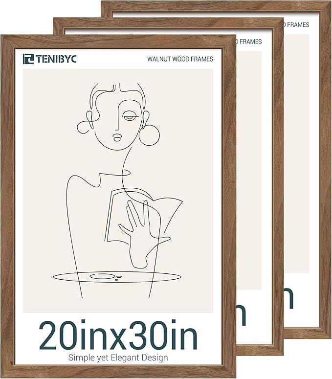 20x30 Walnut Poster Frame 3 Pack - Natural Brown, Solid Wood Picture Frame, Wall Gallery Frame