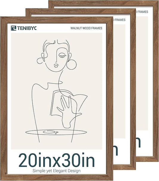 20x30 Walnut Poster Frame 3 Pack - Natural Brown, Solid Wood Picture Frame, Wall Gallery Frame