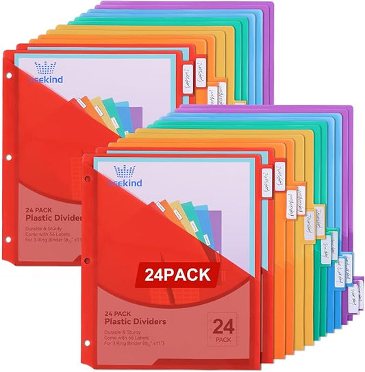 SEEKIND 24 Pack Binder Dividers with Pocket,24 Tab Binder Dividers for 3 Ring Binders,Subject Dividers for US Letter Size in 0.5, 1, 2, 3 inch Binders, Multicolor (24)