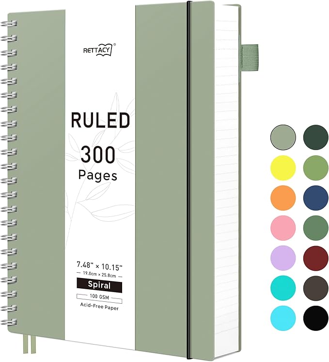 RETTACY Spiral College Ruled Notebook, 300 Pages, B5 Medium Size (7.4" x 10"), for School, Work, Writing, Journaling, 100 GSM Thick Paper, Flexible Plastic Cover (Light Green)