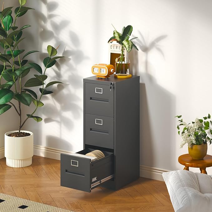 3 Drawer File Cabinet with Lock, Vertical Metal Filing Storage Cabinet for Home Office, Steel Locking File Cabinets for A4 Legal/Letter Folders,Silent Sliding Drawers, Assembly Required (Black)