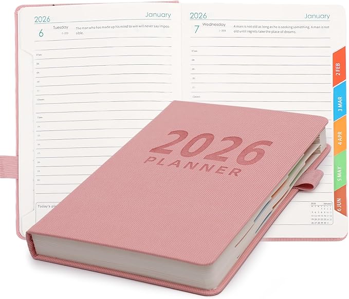 Picoway 2026 Planner A5 400 Pages Pink - Weekly and Monthly Daily Calendar with Thick Paper, One Full Page Per Day Planners from Jan. 2026 - Dec. 2026, Hardcover Notebook ，8.3" x 5.7"