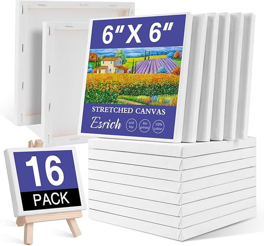 ESRICH Small Stretched Canvas for Painting 6x6 inch, 2/5''Profile Art Primed 16 Pack Canvases for Painting, Cotton Small Professional Blank Paint Canvas for Kids and Art Supplies, for Acrylics, Oils.
