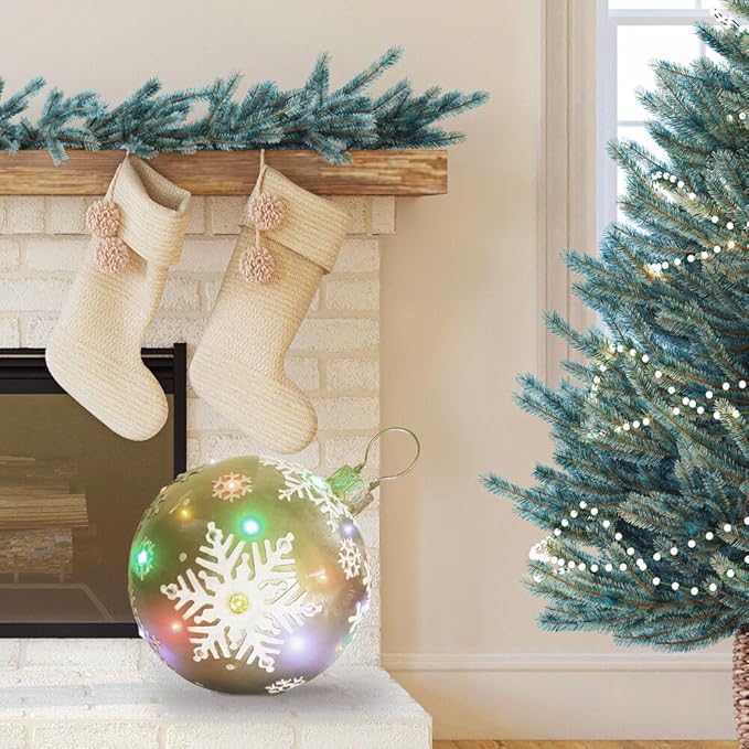 Fraser Hill Farm Indoor/Outdoor Oversized Christmas Decor w/Long-Lasting LED Lights, 18-in. Jeweled Ball Ornament w/Snowflake Design in Gold