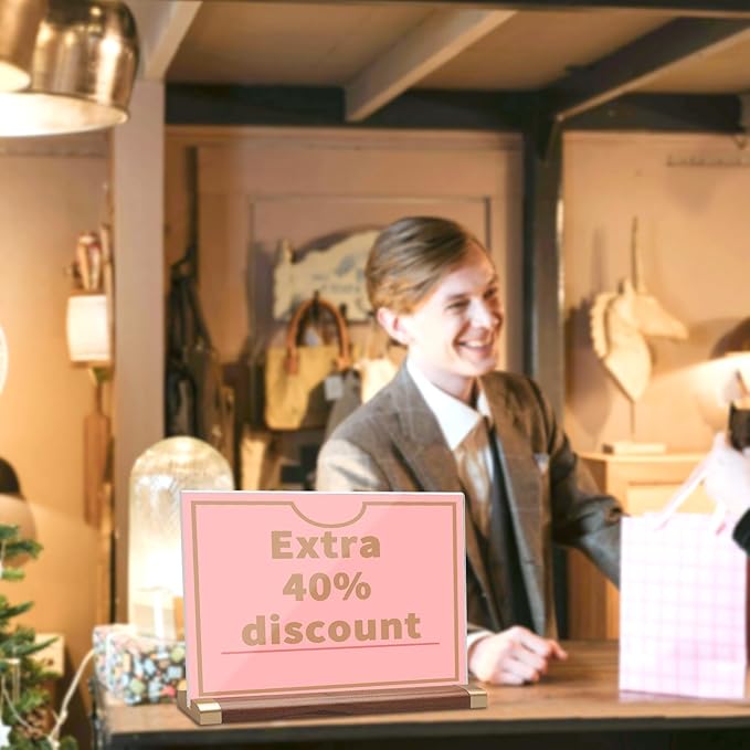 Acrylic Sign Holder 8.5 x 11 with Wood Color Base, 3 Pack Clear Tabletop Double-Sided T Shape Display Sign Frame Horizontal for Store/Coffee Shop/Office/Hotel Business Display Holder