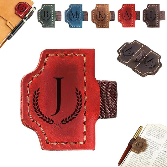 Bookmark with Pen Holder, 2026 New Bygonemark Personalized Magnetic Leather Bookmark, Strong Magnetic for Any Book, Handmade Page Mark Colorful for Booklovers (Red, J)