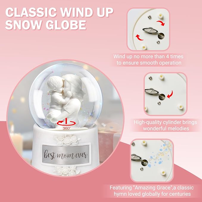 Mothers Day Snow Globe, 5.9" Wind Up Music Box for Mothers Day Decorations Birthday Gifts for Mom Mothers Women Adults Kids