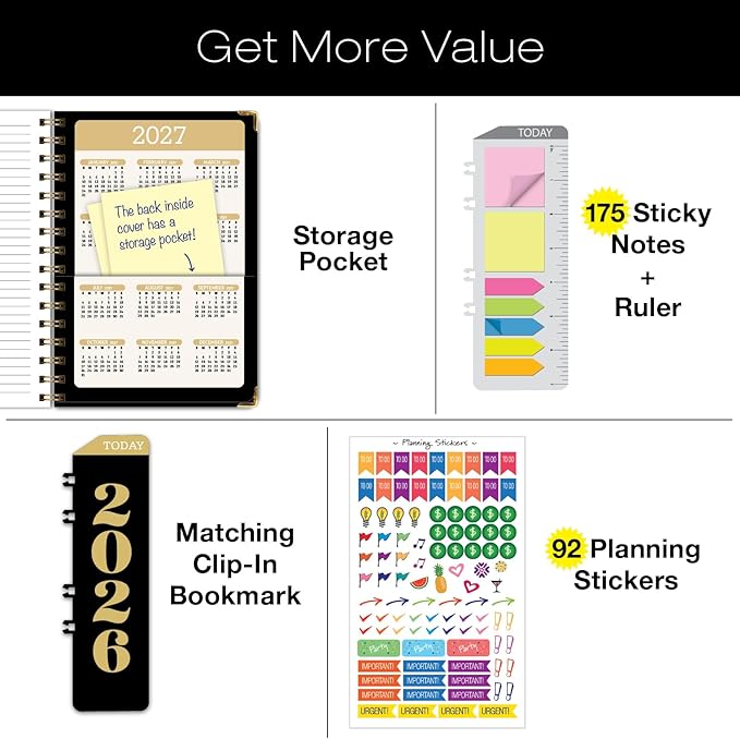HARDCOVER 2026 Planner, 5.5"x8": 14 Months (November 2025 - December 2026), Daily Weekly Monthly Planner, Yearly Agenda, Bookmark, Pocket Folder and Sticky Note Set (Black Gold Numbers)