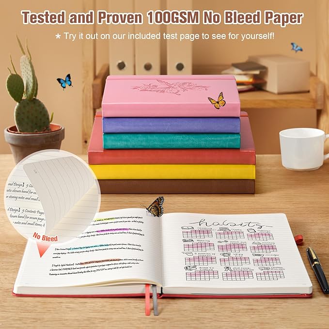 Lined Notebook Journal for Women Men, 312 Numbered Pages B5 Thick Leather Journals for Writing, Daily Diary Journal for Work School, Hardcover College Ruled Notebook, Butterfly Flower Notebook, Brown