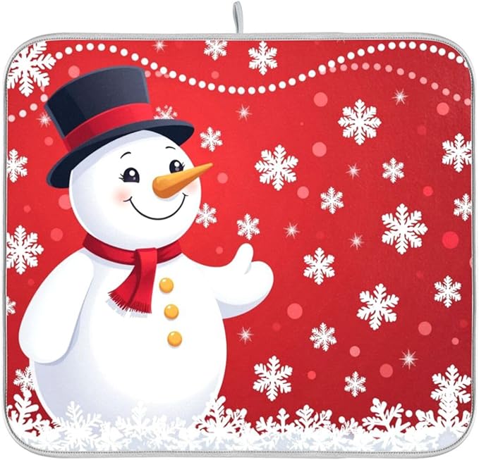 Christmas Snowflakes Snowman Dish Drying Mat 16 X 18 Inch Xmas Snowmen Winter Santa Dry Dishes Pads Tableware Mats Protector for Kitchen Countertops Counter Home Decorations